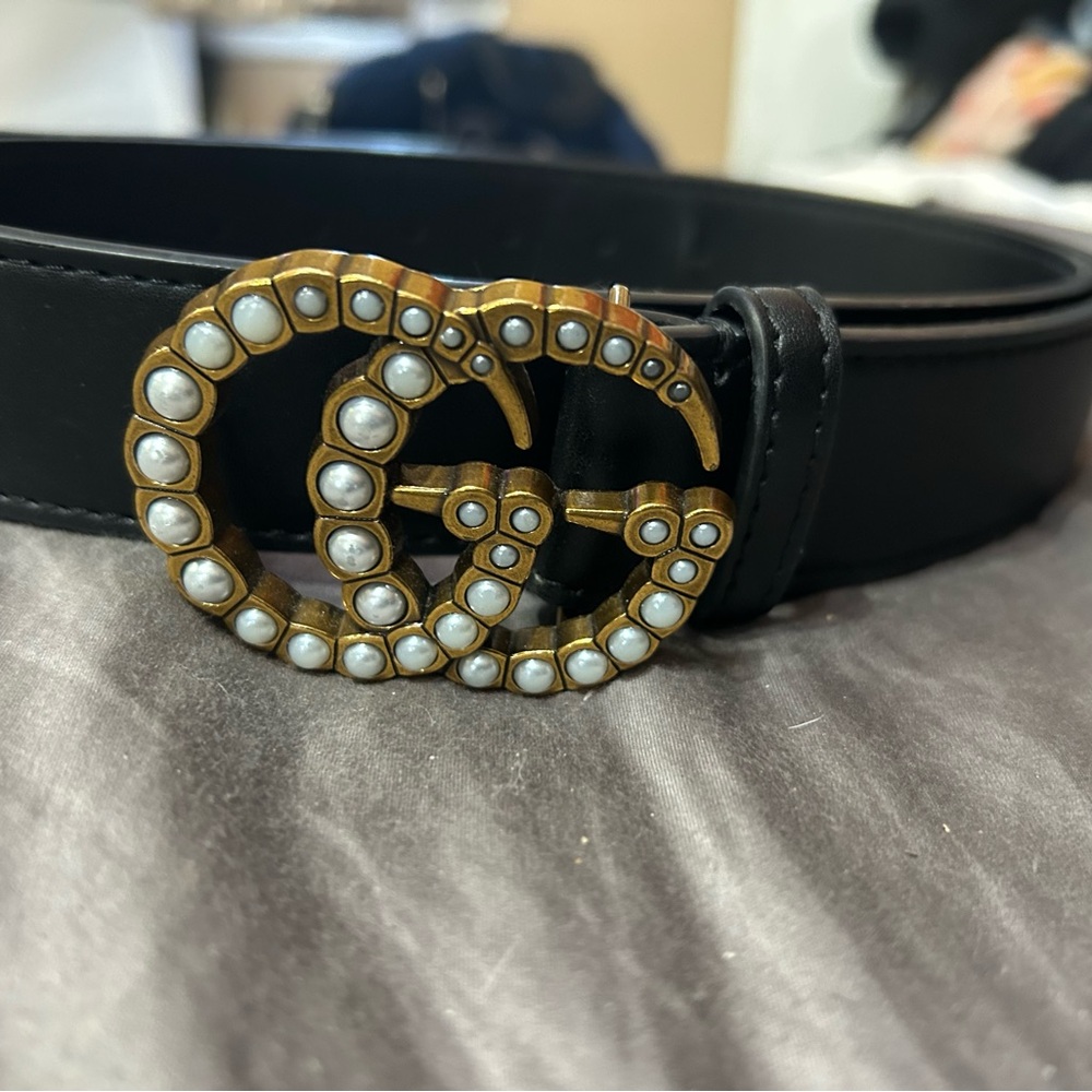 Gucci Black Belt with Gold and Pearl Accent - Picture 3 of 5